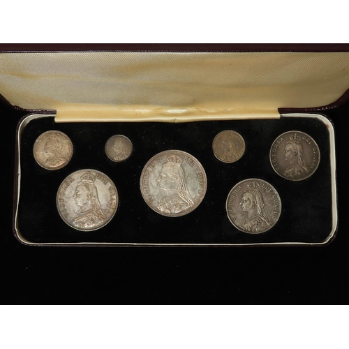 338 - Victoria Jubilee Specimen Set: 7x silver coins, Crown to Threepence 1887 (6d garter type) similar to... 