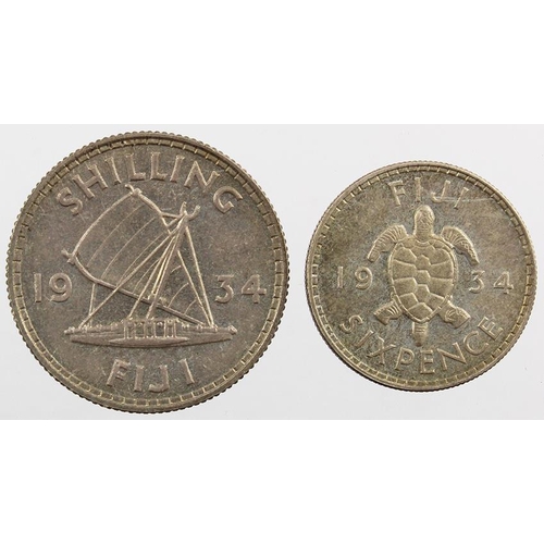 361 - Fiji (2): Shilling 1934 lightly toned AU, and Sixpence 1934 lightly toned GEF