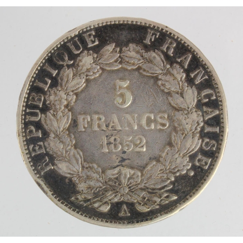 368 - France, Louis-Napoleon silver 5 Francs 1852A, toned VF, edge knock.