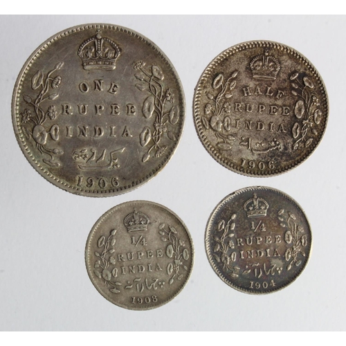 377 - India (4) Edward VII silver: Rupee 1906(c) VF, Half Rupee 1906(c) GVF, Quarter Rupees: 1904 VF, and ... 