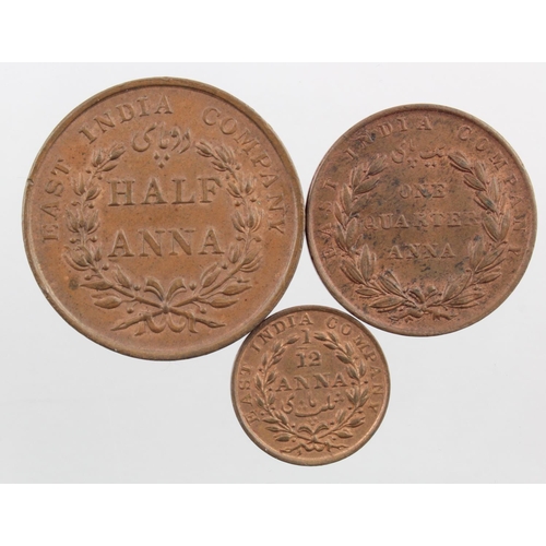 386 - India, British East India Company copper (3): 1/12th, 1/4, and 1/2 Anna 1835, EF-GEF with some lustr... 