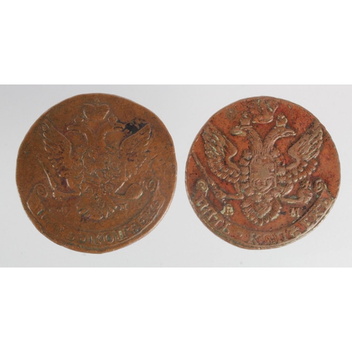 412 - Russia (2) large copper 5 Kopeks: 1763 cnM GF, and 1792 EM VF