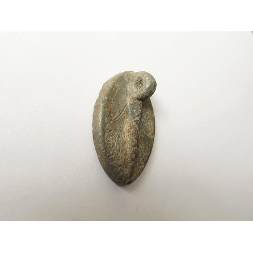 480 - Artefact: Medieval seal matrix of Alice Grim, fleur de lis centre, 22x31mm, with loop on reverse.