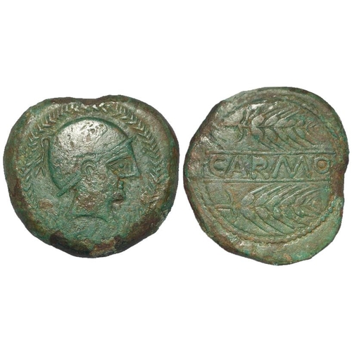 487 - Celtic Iberia (Spain): Carmo (Carmona, Seville) AE As 32mm, 200-150 BC. Obv: Male head r. inside wre... 