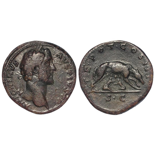 538 - Roman Imperial: Antoninus Pius AE Sestertius, Rome 140-4 AD. She-wolf suckling twins rev., RIC 648; ... 