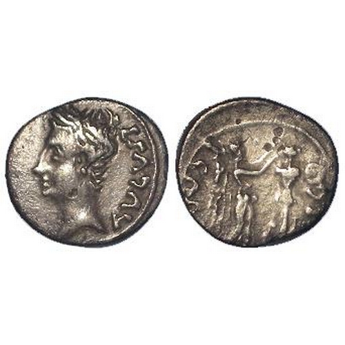 540 - Roman Imperial: Augustus silver Quinarius, Emerita mint, P. Carisius, legatus pro praetor, c. 25-23 ... 