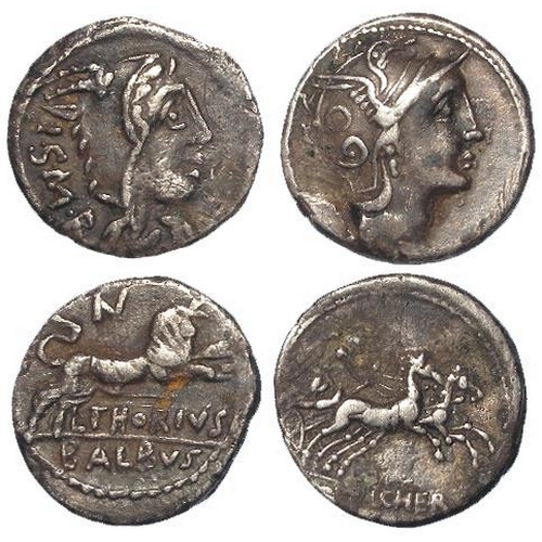 582 - Roman Republican: 2x AR Denarii: L. Thorius Balbus Cr.316/1, 3.43g, VF, and C. Claudius Pulcher Cr.3... 