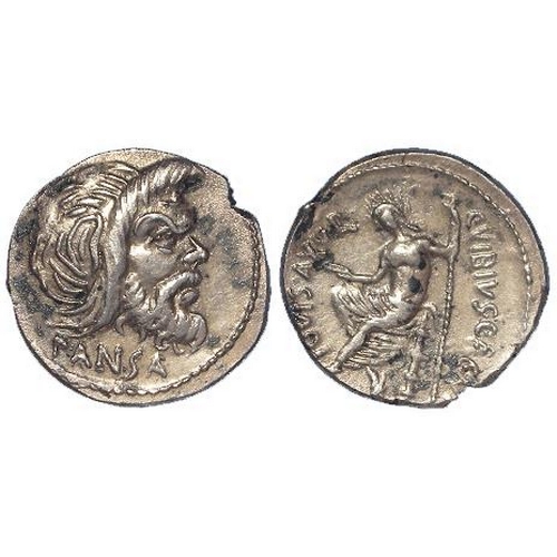 584 - Roman Republican: C. Vibius C.f. C.n. Pansa Caetronianus silver Denarius, Rome 48 BC. Mask of Pan r.... 