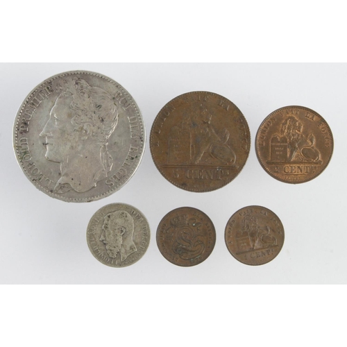 604 - Belgium (5): Silver 5 Francs 1849 KM# 3.2 nVF; copper: 5 Cents 1858 GVF, 2 Cents 1873 GEF with lustr... 