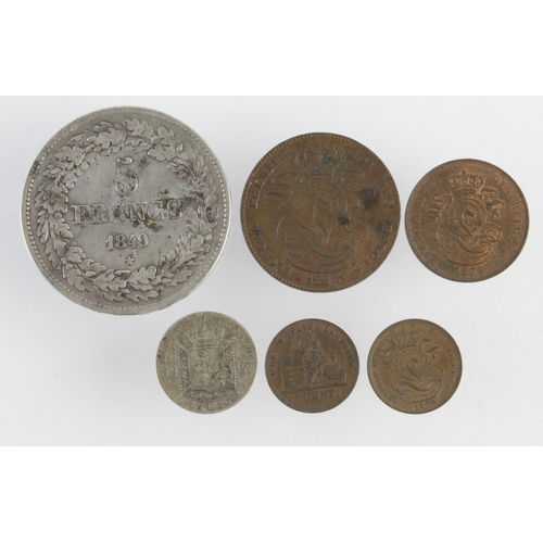 604 - Belgium (5): Silver 5 Francs 1849 KM# 3.2 nVF; copper: 5 Cents 1858 GVF, 2 Cents 1873 GEF with lustr... 