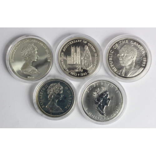 605 - British Commonwealth (5) silver proof and BU Crowns and Dollars, in capsules.