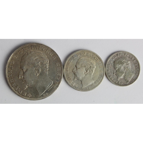 610 - Bulgaria (3) silver coins: 5 Leva 1894KB, nEF, 2 Leva 1894KB VF, and 1 Lev 1894KB nVF