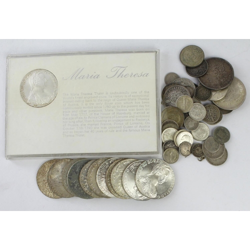 859 - World Silver Coins: 537g mixed, mostly high content including 12x Maria Theresa Thalers and 2x USA S... 