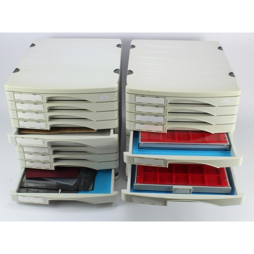 879 - Coin Cabinets: Two Rotho large 10-drawer collectors cabinets (plastic) with some misc. contents incl... 