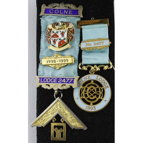 897 - Masonic Gilt & Enamel Past Master Medal and a Gilt Centenary Medal to the Colne Lodge No. 2477 - the... 