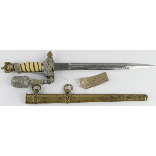 977 - German 3rd Reich Naval Officers dagger with scabbard and portepee. Galleon blade, maker marked 'Puma... 