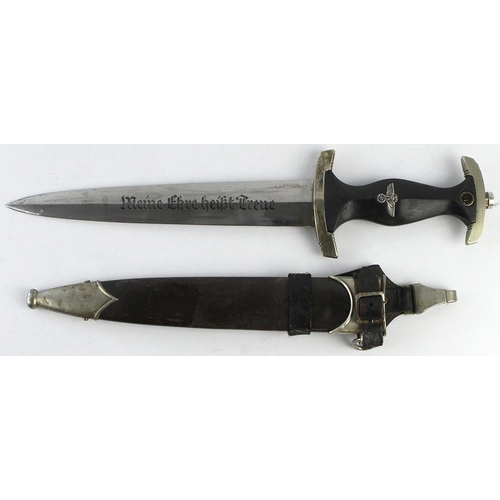 996 - German M33 SS Dagger with scabbard and vertical leather hanger. Blade maker marked '121/34 SS RZM'.