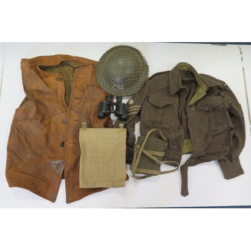 1950 - WW2 Military equipment including 1940 pattern battle dress blouse, webbing,  water bottle, helmet,  ... 