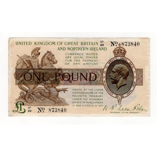 10 - Warren Fisher 1 Pound (T34) issued 1927, Great Britain & Northern Ireland issue, serial U1/89 873840... 