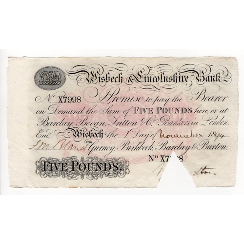 101 - Wisbech & Lincolnshire Bank 5 Pounds dated 1st November 1894 for Gurney, Birkbeck, Barclay & Buxton,... 