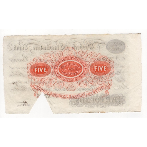 101 - Wisbech & Lincolnshire Bank 5 Pounds dated 1st November 1894 for Gurney, Birkbeck, Barclay & Buxton,... 