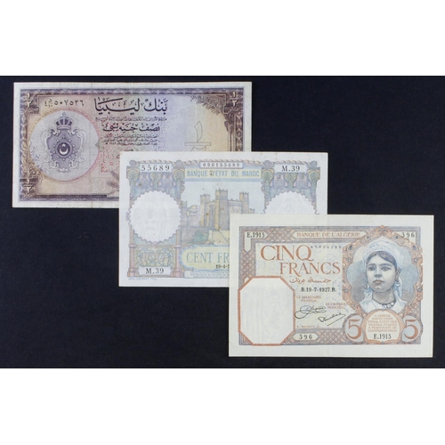 111 - Africa (3), Algeria 5 Francs dated 19th July 1927, rarer early date, serial E.1913 396, Libya 1/2 Li... 