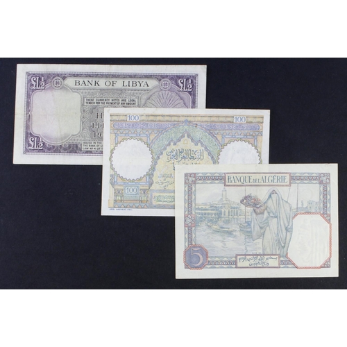 111 - Africa (3), Algeria 5 Francs dated 19th July 1927, rarer early date, serial E.1913 396, Libya 1/2 Li... 