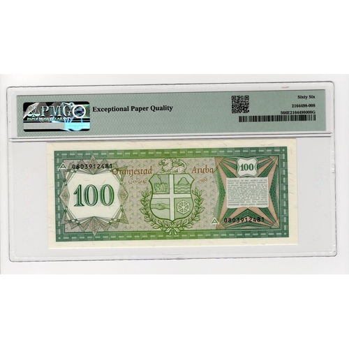 118 - Aruba 100 Florin dated 1986 serial no. 0803912481 (TBB B105, Pick5) in PMG holder graded 66 EPQ Gem ... 