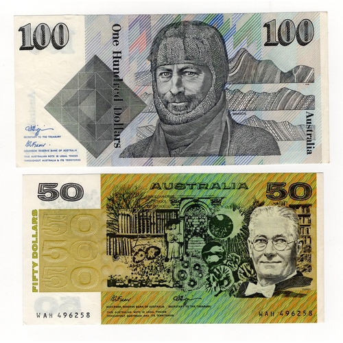 121 - Australia (2), 100 Dollars serial ZFE 279336 and 50 Dollars serial WAH 496258 signed Fraser & Higgin... 