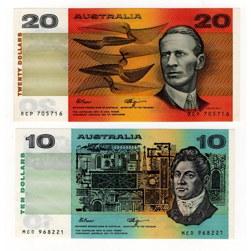 122 - Australia (2), 20 Dollars and 10 Dollars issued 1990 & 1989 signed Fraser & Higgins, serial RCP 7057... 