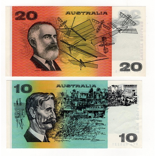 122 - Australia (2), 20 Dollars and 10 Dollars issued 1990 & 1989 signed Fraser & Higgins, serial RCP 7057... 