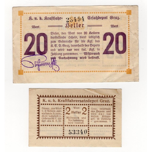 124 - Austria (2), a rare pair of local issue notes, 20 Heller and 2 Heller issued 1914 - 1920, local issu... 