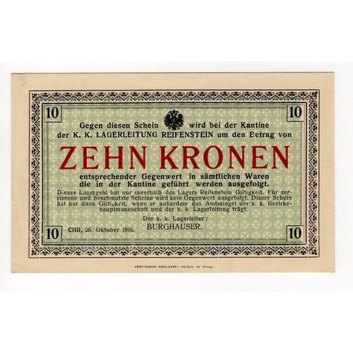 129 - Austria 10 Kronen dated 1916, prisoner of war camp issue, Reifenstein, about Uncirculated and scarce