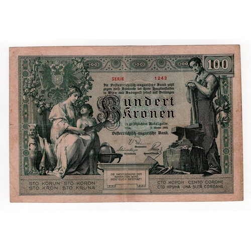 130 - Austria 100 Kronen dated 2nd January 1902, series 1243 04998 (TBB B107a, Pick7) 2 edge nicks, Fine+ ... 