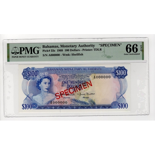 134 - Bahamas 100 Dollars SPECIMEN note dated 1968, serial A000000, diagonal red 'SPECIMEN' overprint on b... 