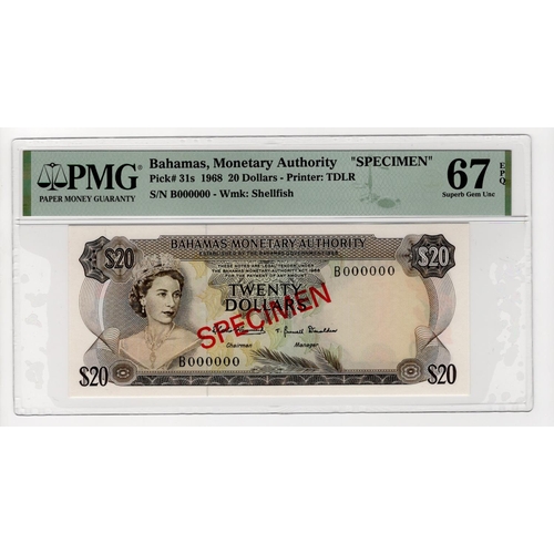 135 - Bahamas 20 Dollars SPECIMEN note dated 1968, serial A000000, diagonal red 'SPECIMEN' overprint on bo... 