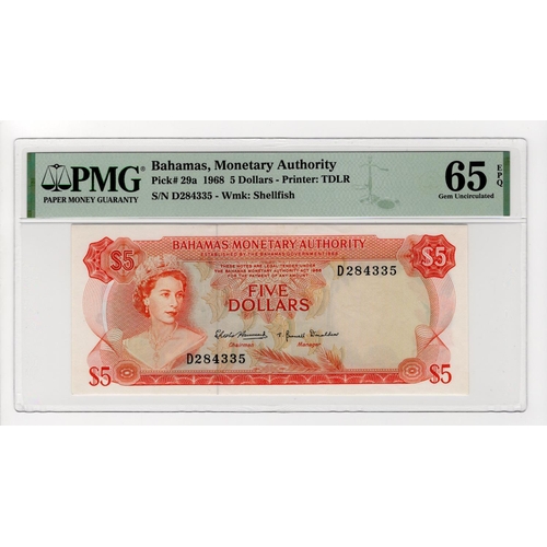 140 - Bahamas 5 Dollars dated 1968, Queen Elizabeth II portrait at left, serial D284335 (TBB B204a, Pick29... 