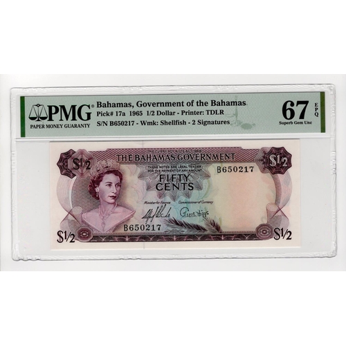 141 - Bahamas 50 Cents (1/2 Dollar) dated Law 1965, serial B650217 (TBB B116a, Pick17a) in PMG holder grad... 