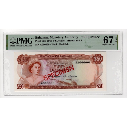 143 - Bahamas 50 Dollars SPECIMEN note dated 1968, serial A000000, diagonal red 'SPECIMEN' overprint on bo... 