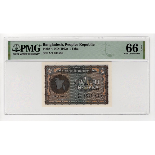 144 - Bangladesh 1 Taka issued 1972, serial A/7 031535 (TBB B201a, Pick4) in PMG holder graded 66 EPQ Gem ... 