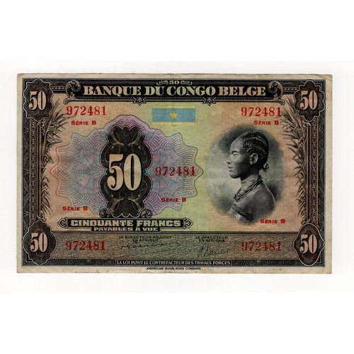 147 - Belgian Congo 50 Francs issued 1941 - 1942, series B note, serial no. 972481 (TBB B218a, Pick16a) or... 