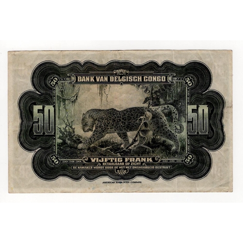 147 - Belgian Congo 50 Francs issued 1941 - 1942, series B note, serial no. 972481 (TBB B218a, Pick16a) or... 