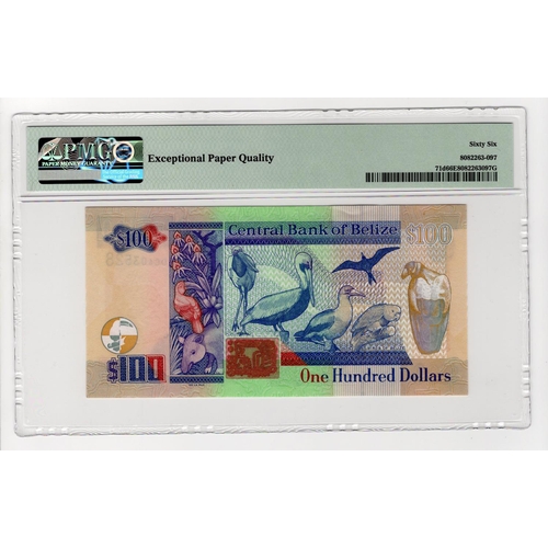 150 - Belize 100 Dollars dated 2017, serial DC403528 (TBB B329d, Pick71d) in PMG holder graded 66 EPQ Gem ... 