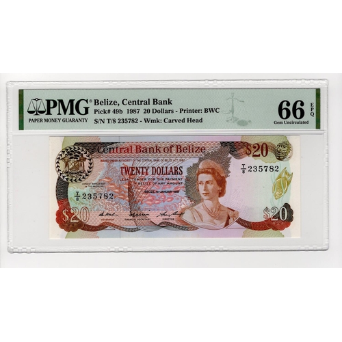 152 - Belize 20 Dollars dated 1st January 1987, Queen Elizabeth II portrait at right, serial T/8 235782 (T... 