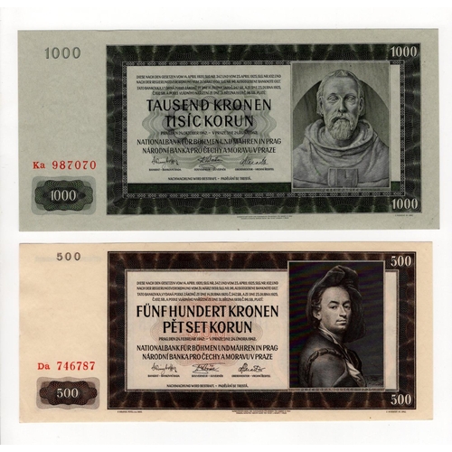 155 - Bohemia & Moravia (2), 1000 & 500 Korun dated 1942, II Auflage (2nd issue), these the issued notes n... 