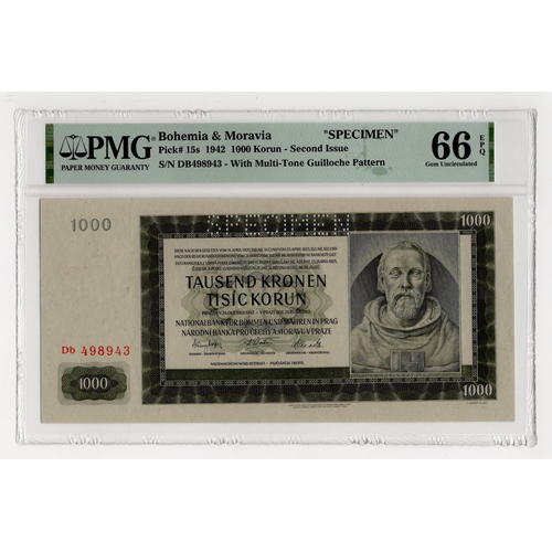 156 - Bohemia & Moravia 1000 Korun dated 1942, II Auflage (2nd issue) perforated SPECIMEN, serial Db 49894... 