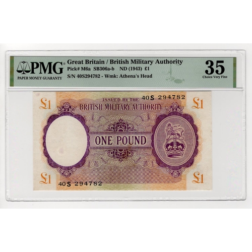 165 - British Military Authority 1 Pound issued 1943, serial 40S 294782 (PickM6a) in PMG holder graded 35 ... 