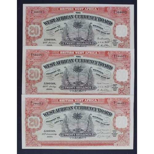 168 - British West Africa 20 Shillings (3) dated 1928, 1930 & 1933, COUNTERFEIT notes (TBB B108, Pick8 for... 