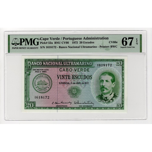 175 - Cape Verde 20 Escudos dated 4th April 1972, serial no. 1618172 (Pick52a) in PMG holder graded 67 EPQ... 