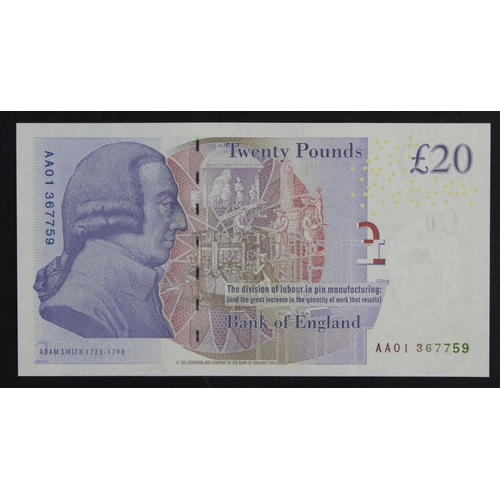 18 - Bailey 20 Pounds issued 2007, FIRST RUN 'AA01' prefix, serial AA01 367759 (B405, Pick392a) Uncircula... 